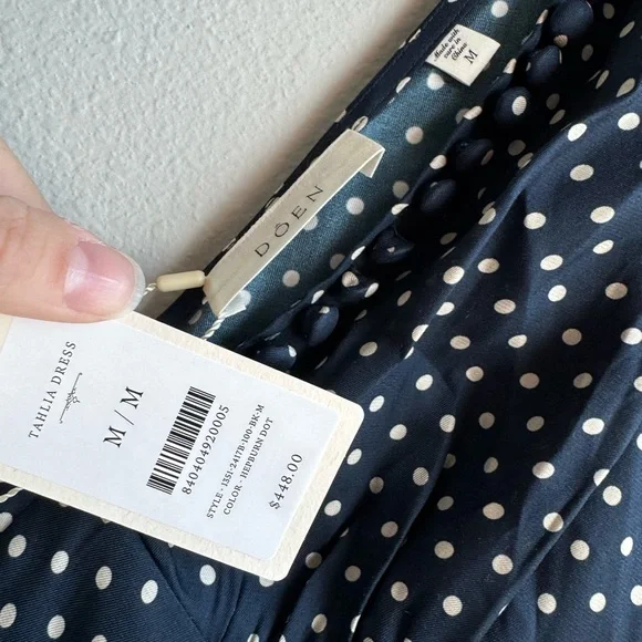 NWT Dôen Tahlia Polka-Dot Dress V-Neck Belted Blue - Picture 3 of 4